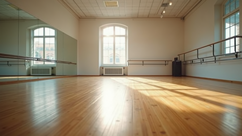 Eye-level view of a spacious dance studio with wooden floors and mirrors
