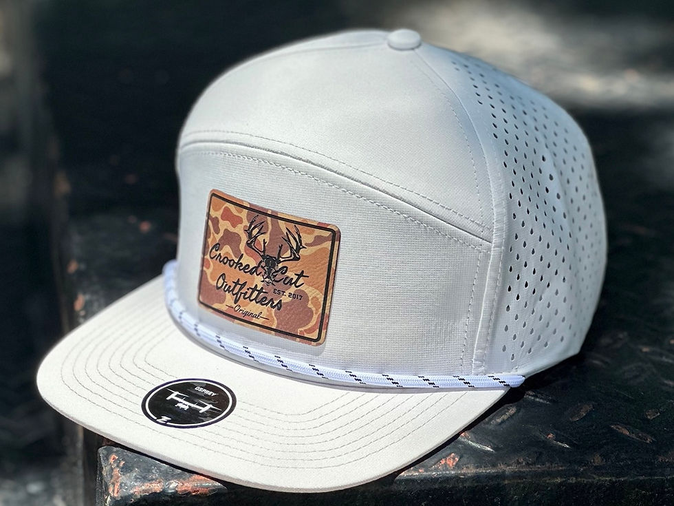 Thumbnail: White 7-Panel Performance Hat w brown camo leather patch