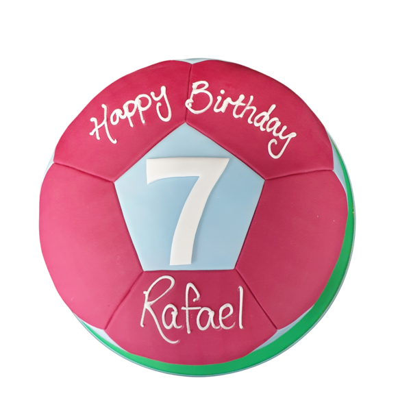 Bespoke football-themed cake with half ball design, detailed stitching, and number 8 in Solihull, West Midlands.