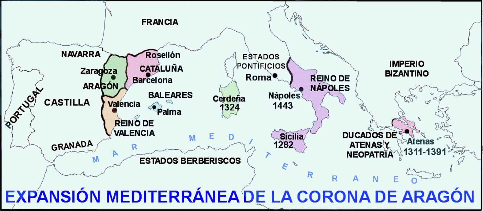 Mapa expansión Corona de Aragón en el Mediterráneo