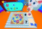 Glamorous Kitty with heart necklace smiles at a math puzzle: 4 + 5 = ?. Blue diamonds and pink hearts on a checkered tablecloth in Kidduca 3D educational game for kids.