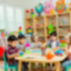Children playing at a colorful daycare, sitting around a table with toys and art supplies. Books and bright decor in the background. RMB Games - Educational Academy