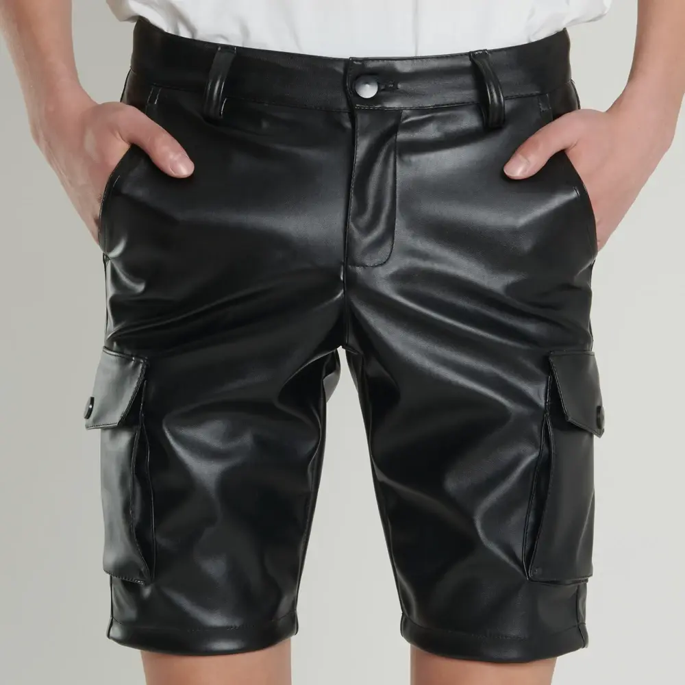 Men's Leather Cargo Shorts Stretch Fashion PU Leather Shorts Pockets