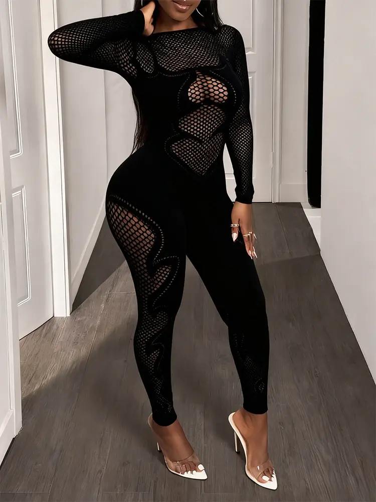 Thumbnail: FHSEER Women's Sexy Jumpsuit Sheer Mesh Long Sleeve