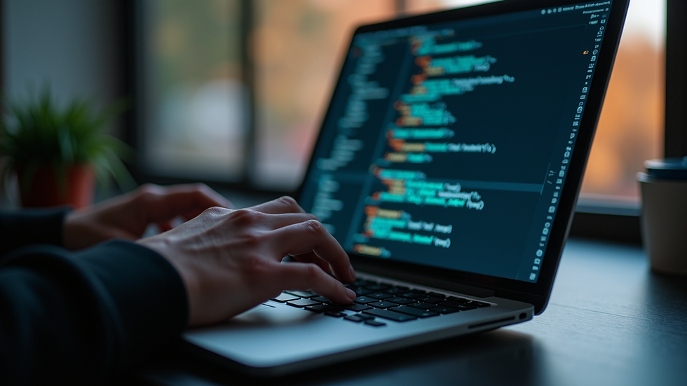 Close-up view of a person typing on a laptop with code on the screen