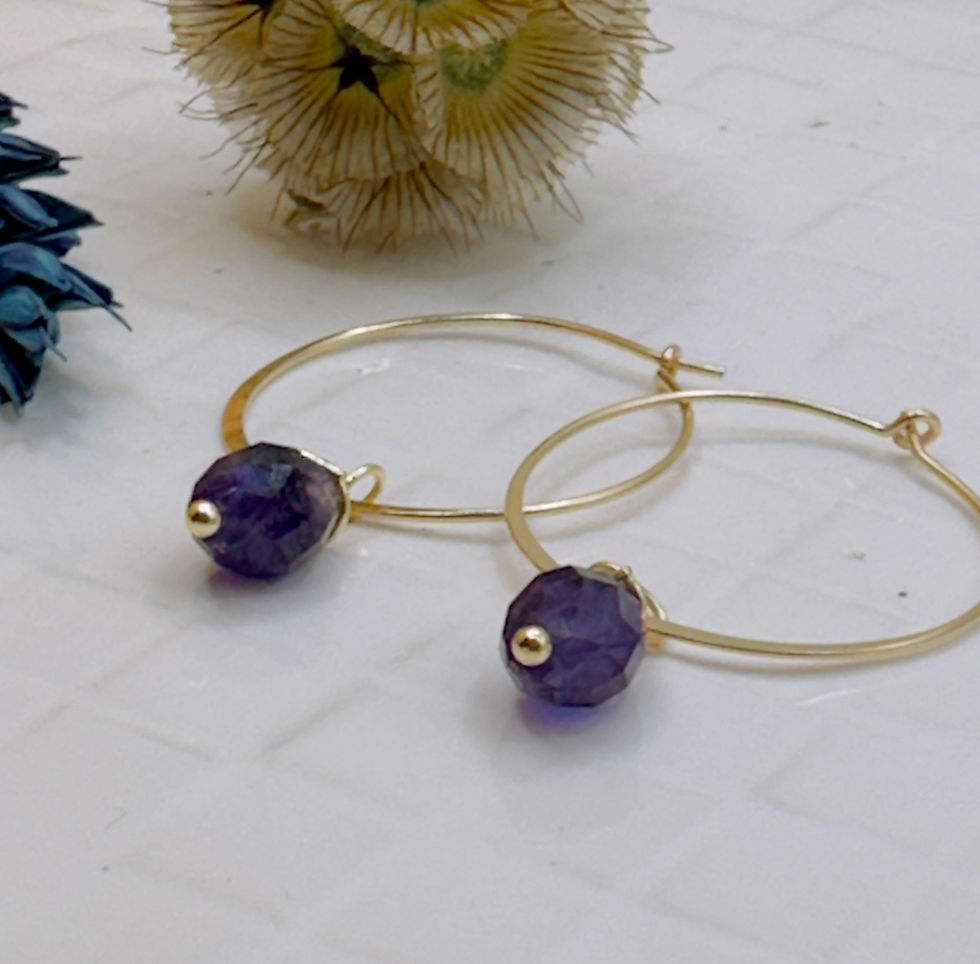 14K GF gold hoop earrings with dark fluorite beads