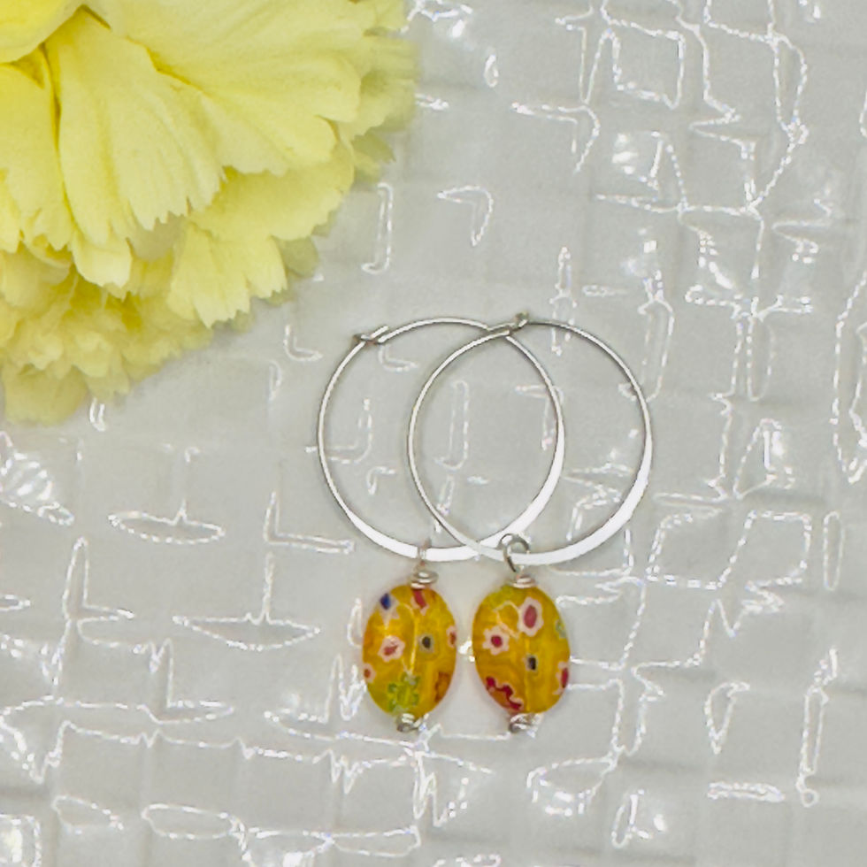 Millefiori Italian Glass Sterling Silver Hoops with yellow floral beads.