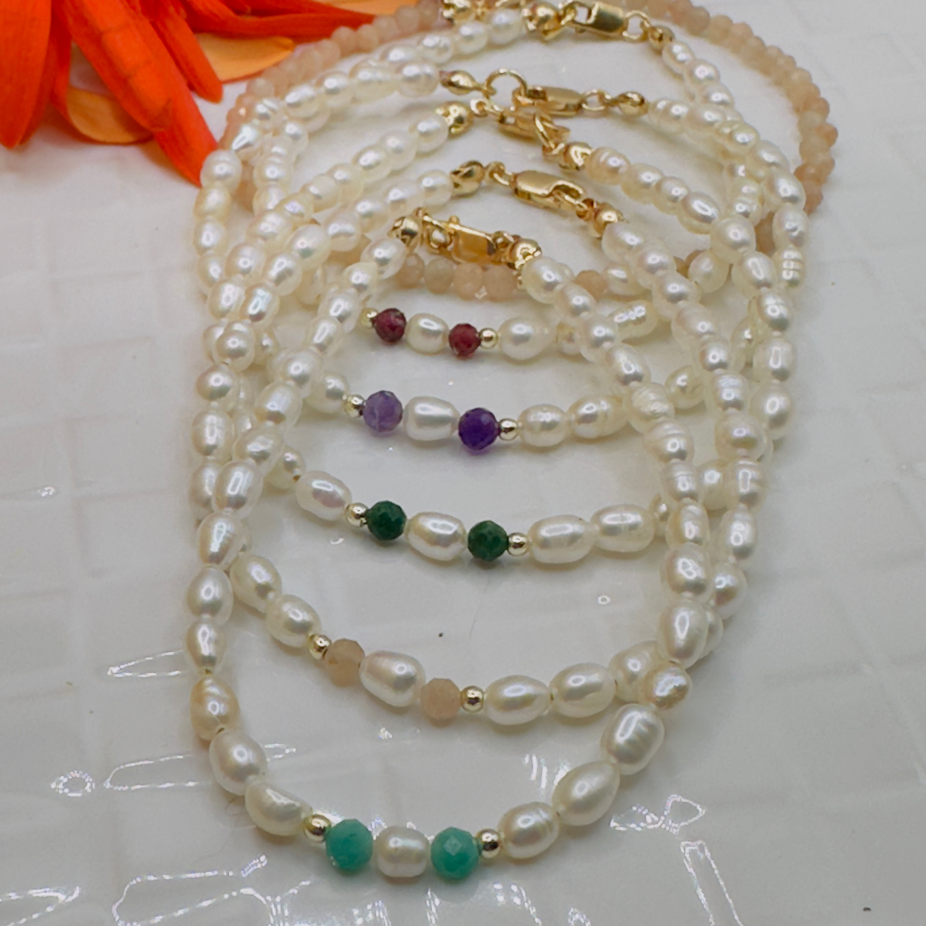 14k GF Pearl & Gemstone Bracelets