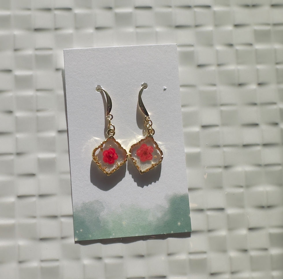Thumbnail: Gold hexagonal dangle earrings with red flower on white display card.