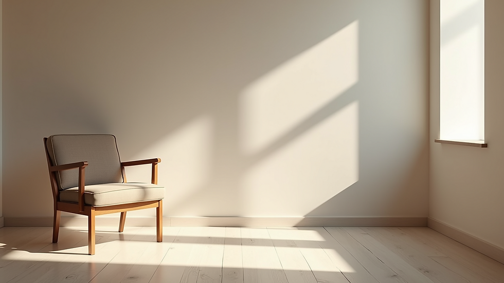 High angle view of a calm, minimalist therapy room with a single chair and soft lighting