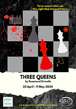 a black and grey chessboard background with three chess queen pieces in red white and grey above text that reads Three Queens