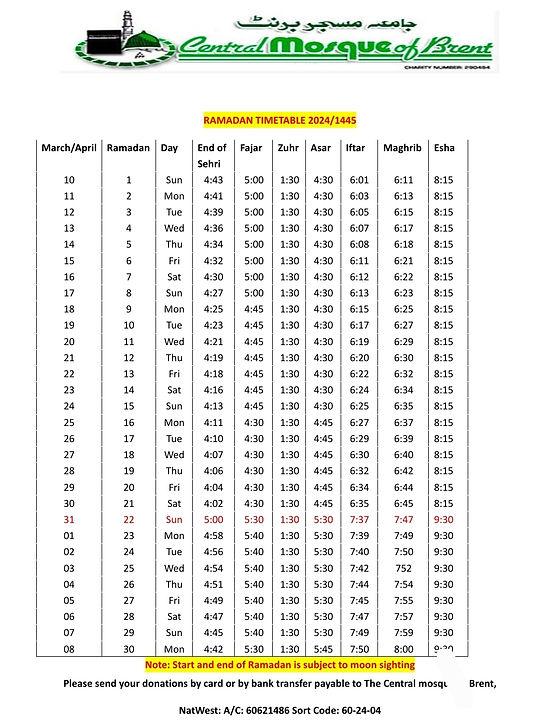 Prayer Times | Central Mosque Of Brent