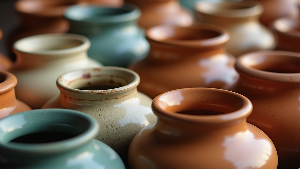 Eye-level view of a collection of handmade ceramic pots in various colors
