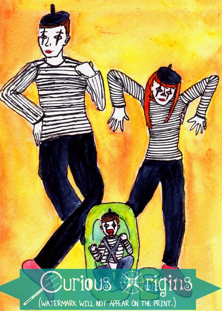 Thumbnail: Mime Family Funny Quirky Watercolor Art Print // 5"x7" or 127 mm by 177.8 mm