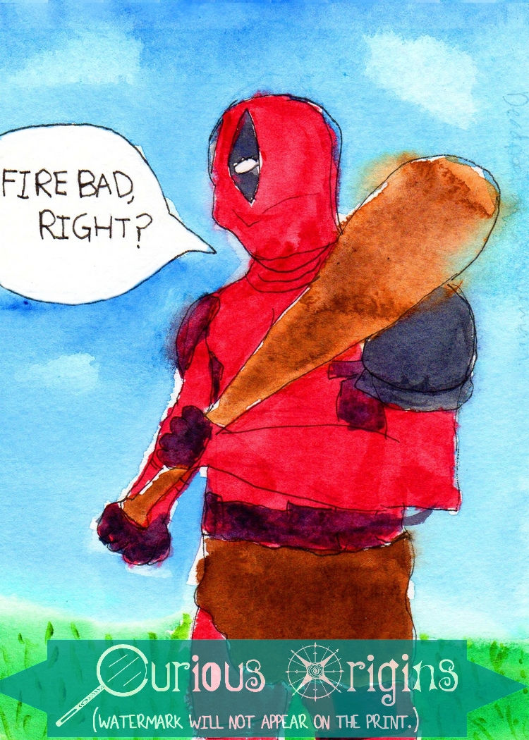 Thumbnail: Deadpool Caveman // Dark Humor Watercolor Art Print // 5"x7" or 127 mm by 177.8 