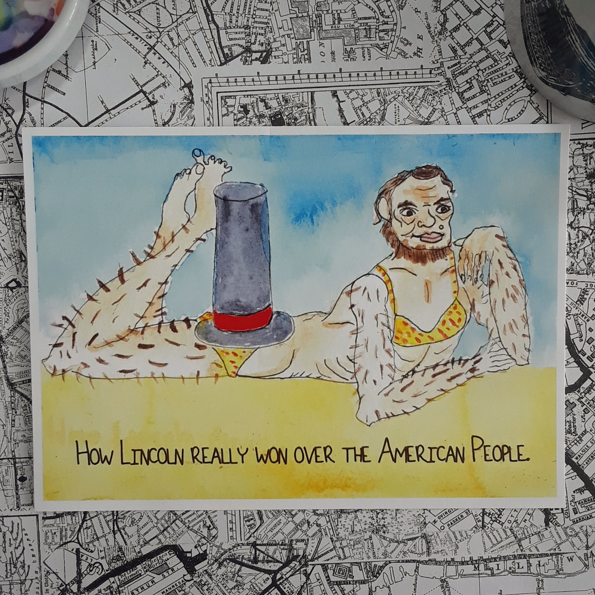 Abraham Lincoln Funny / Itsy Bitsy Yellow Polka Dot Bikini 5"x7"  127 mm by 178