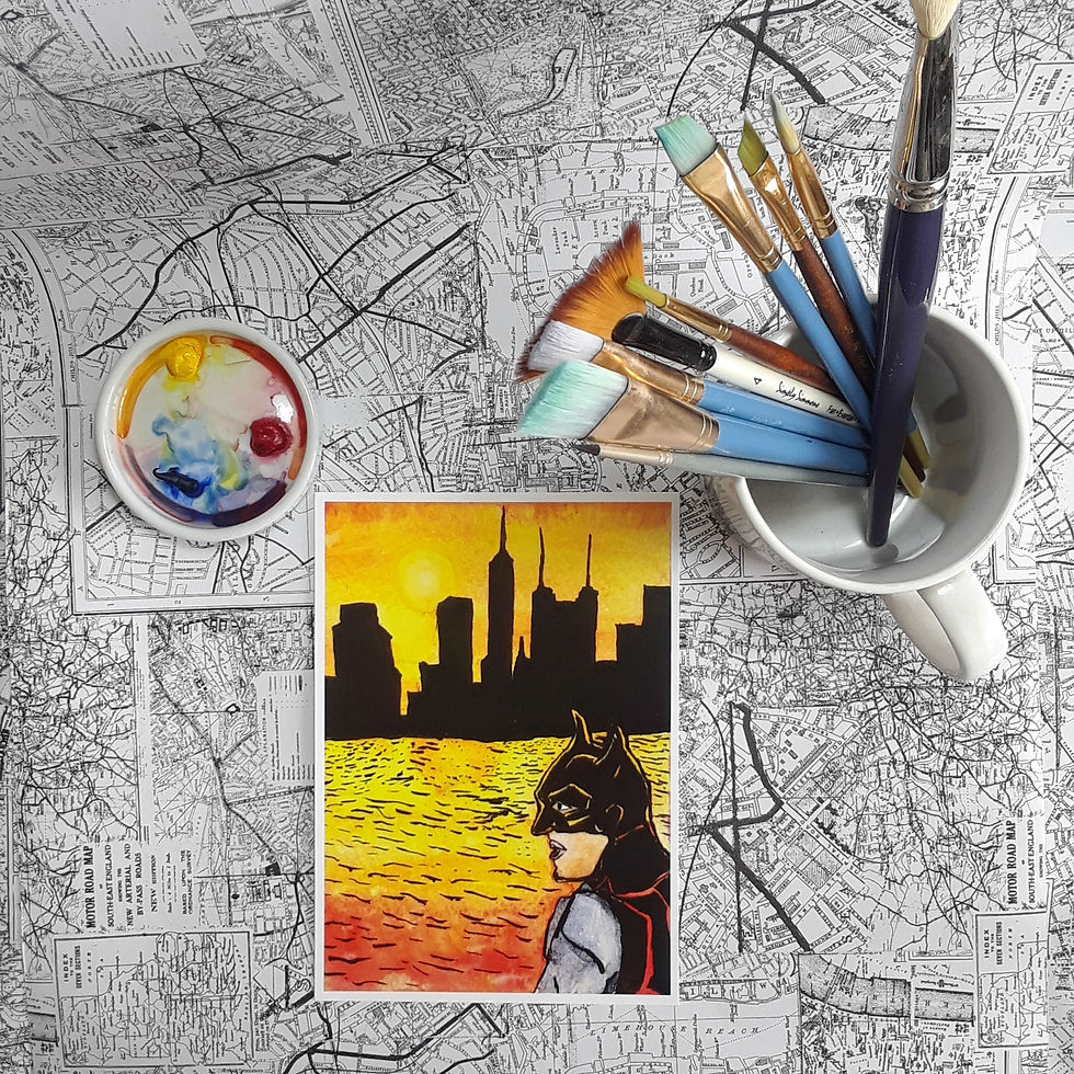 Thumbnail: Batman Gotham Sunset // DC Comic Fan Art Watercolor Art Print // 5"x7"