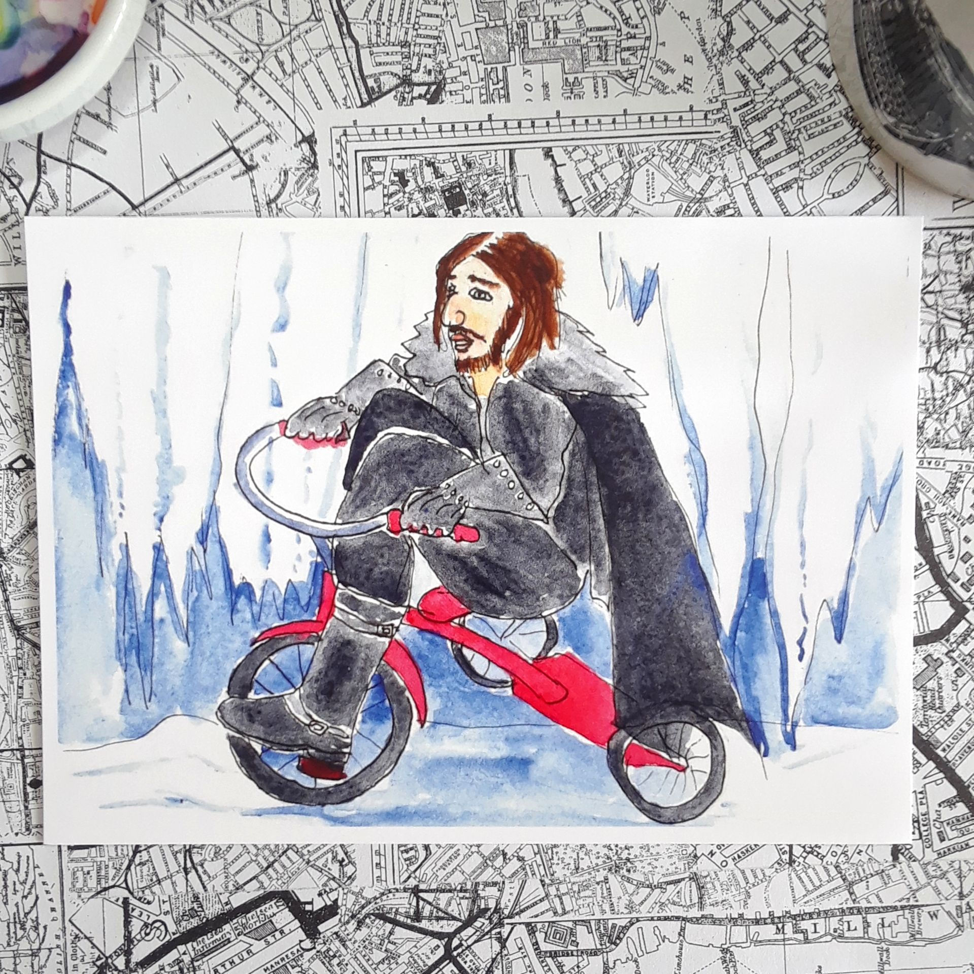Jon Snow on a Tricycle / Game of Thrones /Funny Watercolor Art Print Watercolour