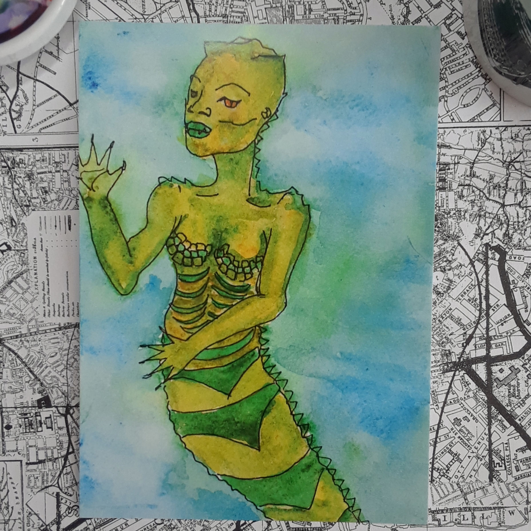 Crocodile Mermaid // Mermay // Swamp River Nymph // Watercolor Art Print // 5"x7