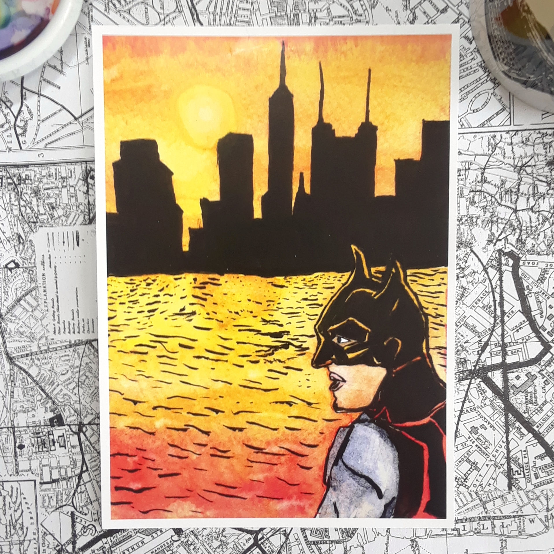 Batman Gotham Sunset // DC Comic Fan Art Watercolor Art Print // 5"x7"