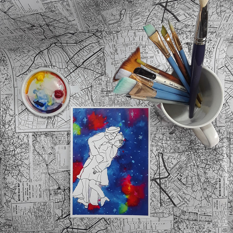 Thumbnail: Romantic Galaxy Watercolor Painting /Funny Valentine  /Art Print /Kiss out of Wo