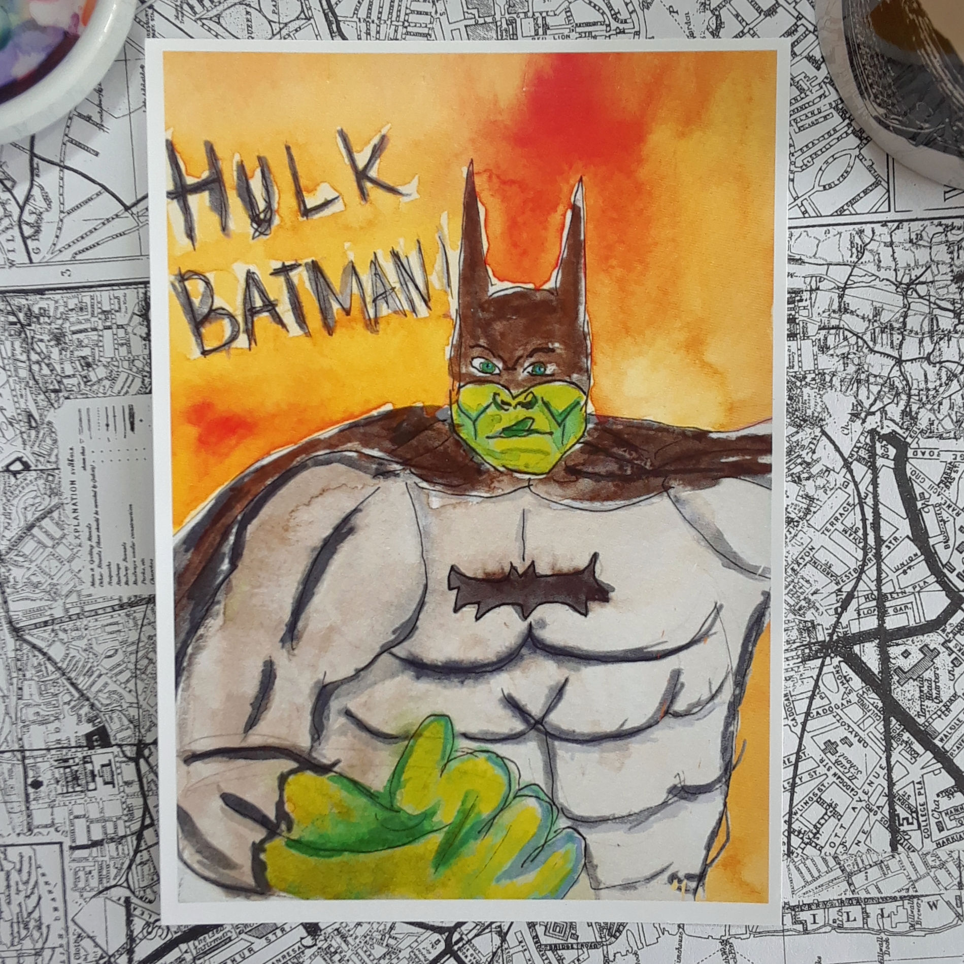 Hulk Batman // Marvel DC Cross Over // Funny Comic Watercolor Art Print // 5"x7"
