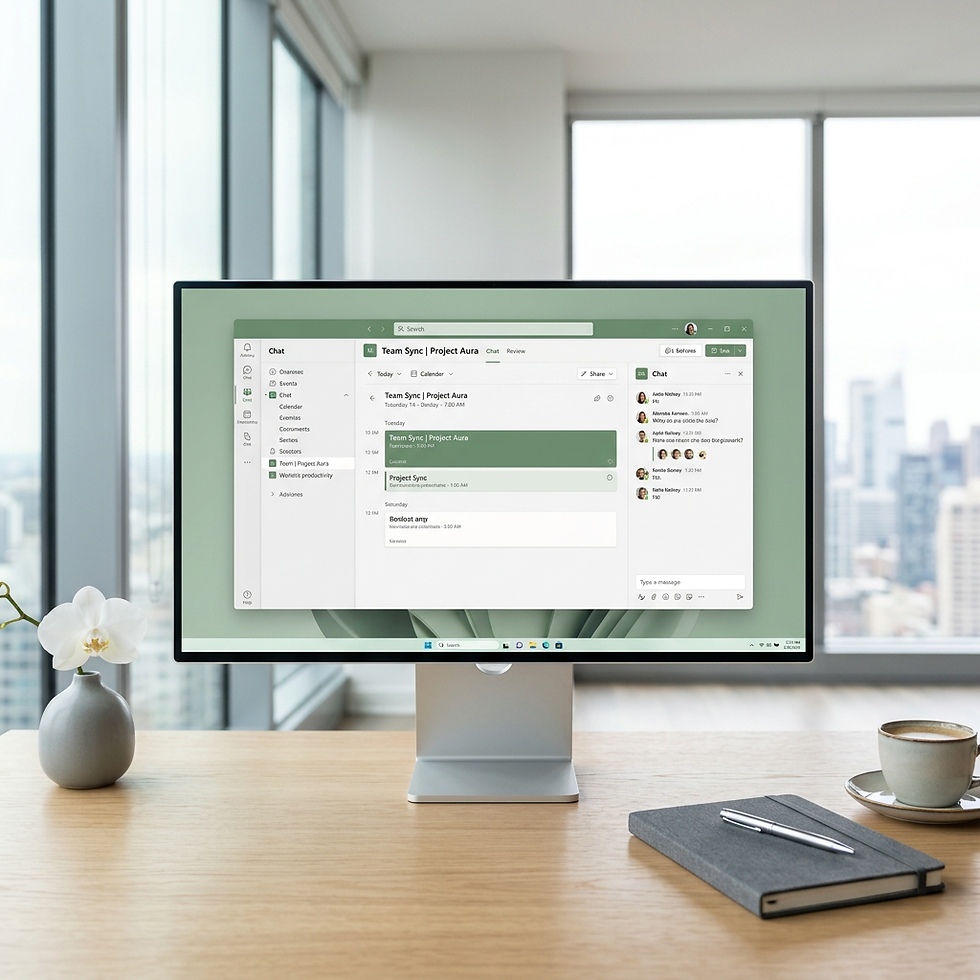 Studio photography of a modern monitor displaying a project management interface. The setup is on a wooden desk in a bright, professional home office overlooking a city skyline.