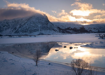 A half‑frozen inlet on the Lofoten Islands, where snow‑covered shores and patches of open water create soft reflections in the cold light. A pair of swans glides across the unfrozen surface, adding a gentle, serene presence to the quiet winter landscape.