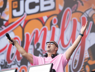 Robbie Williams was the guest star at the JCB 80th anniversary celebration party.