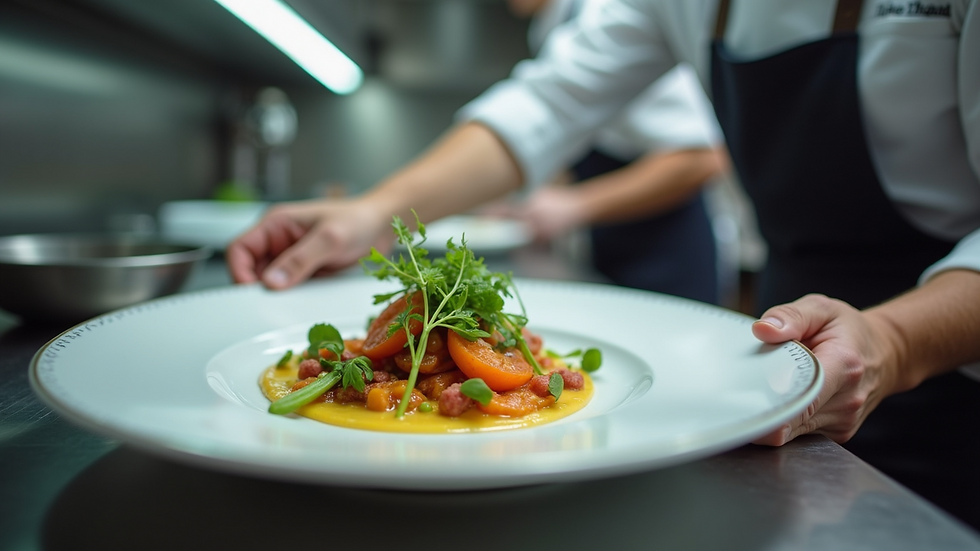 Close-up view of a chef plating a gourmet dish in a professional kitchen