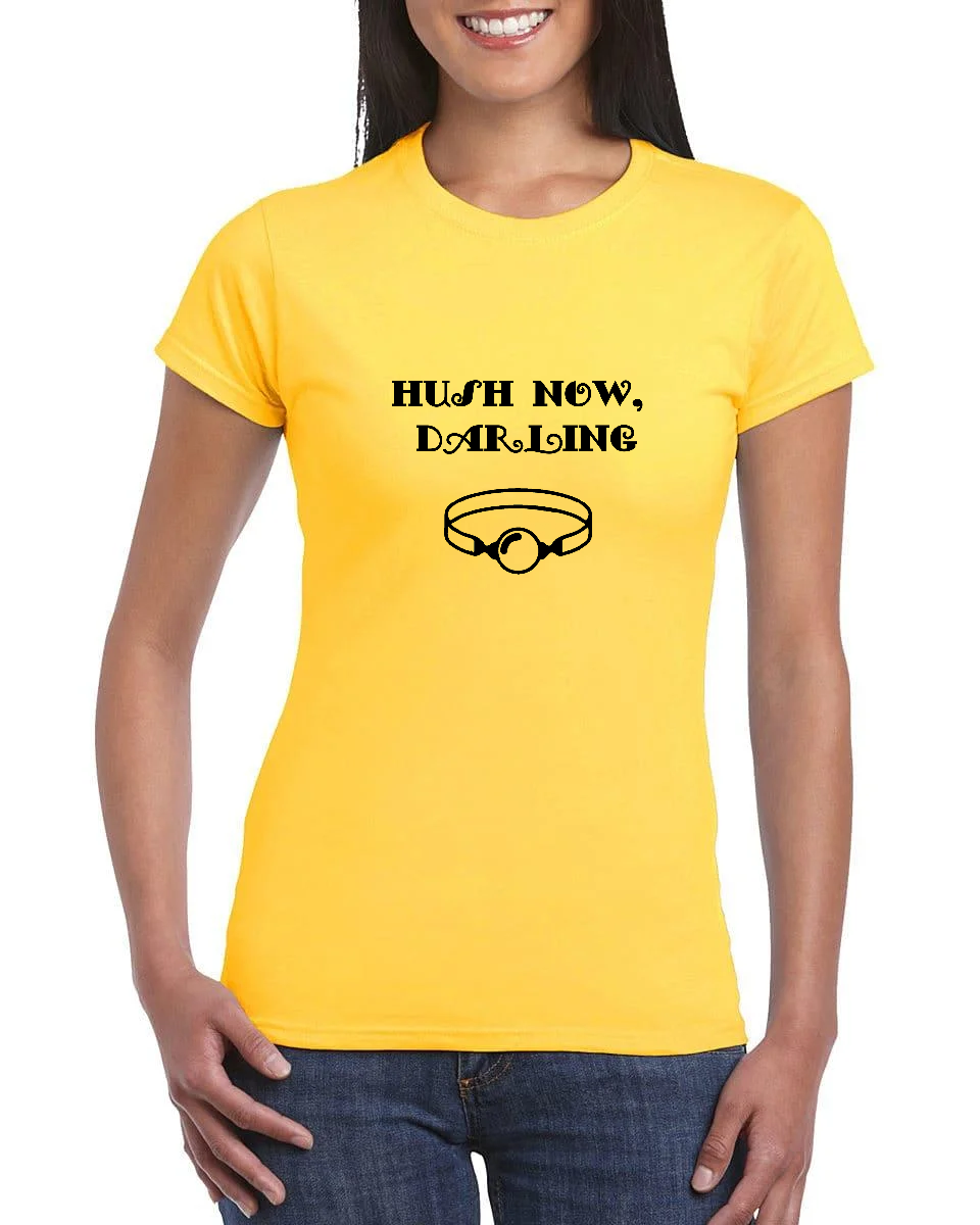 Thumbnail: Kinky Couture “Hush Now, Darling” Ball Gag T-Shirt – Women’s Playful Kink Graphi