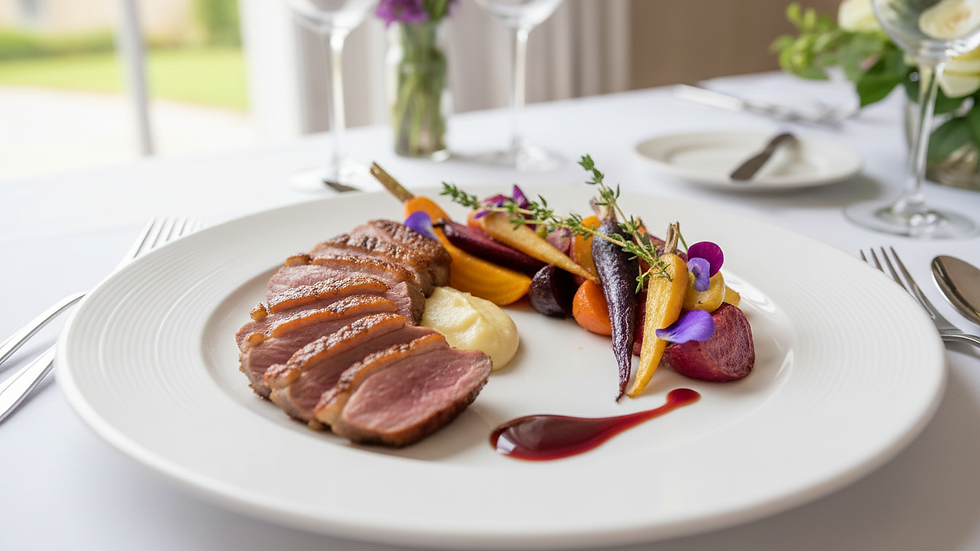 Close-up of an elegantly plated wedding main course with seasonal vegetables