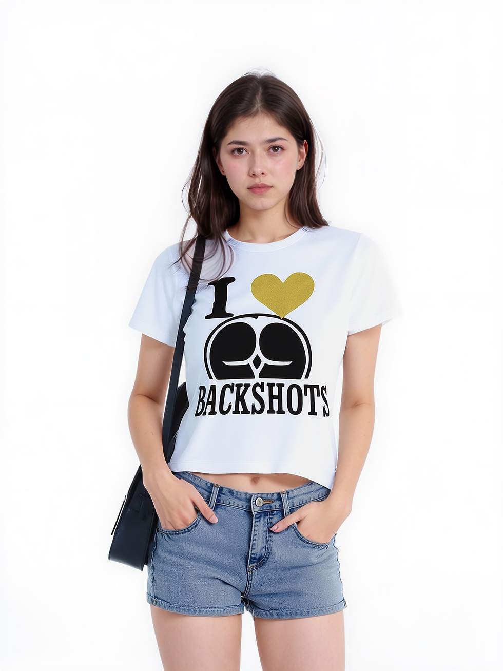 Thumbnail: Women’s Kinky Couture “I Love Backshots” T-shirt featuring bold black print with metallic gold heart and cheeky butt graphic.