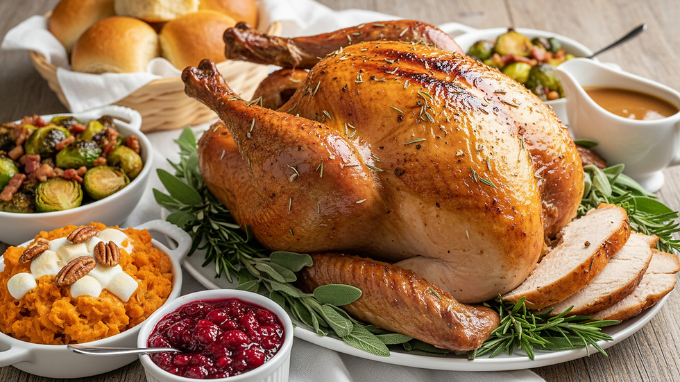 Close-up view of a beautifully plated Thanksgiving turkey with sides