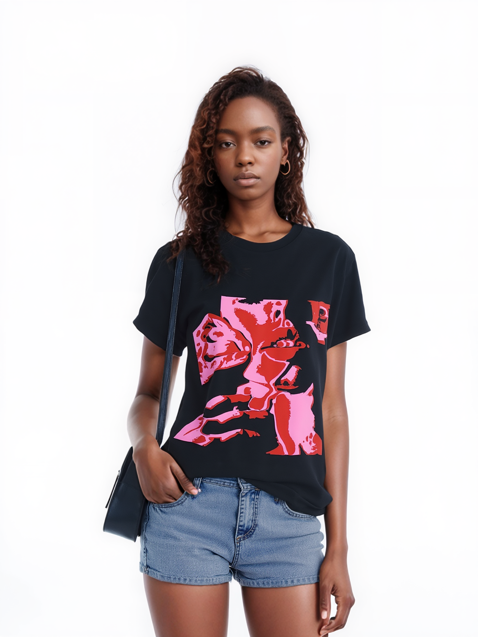 Women’s Kinky Couture “Choke Party” graphic T-shirt featuring bold pink and red pop-art hands design on black cotton fabric.