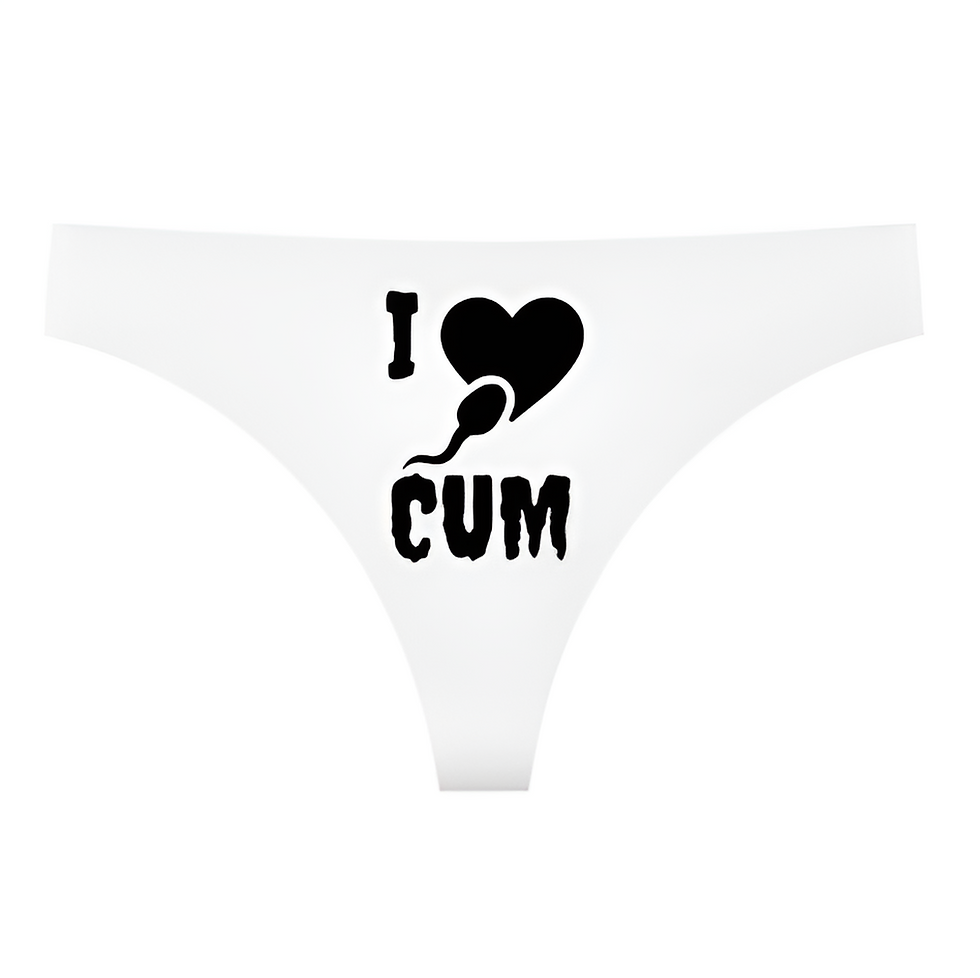 Thumbnail: Red seamless thong featuring bold white “I Heart Cum” design with a playful sperm graphic, part of Kinky Couture’s provocativ