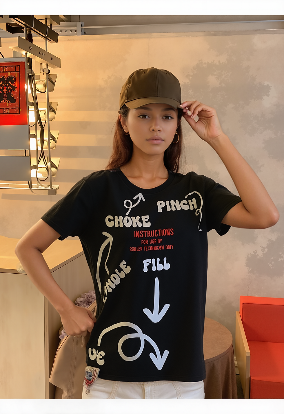 Thumbnail: Women’s Kinky Couture “Skilled Technician” Instructional Diagram T-shirt featuring bold front and back arrow graphics with ph