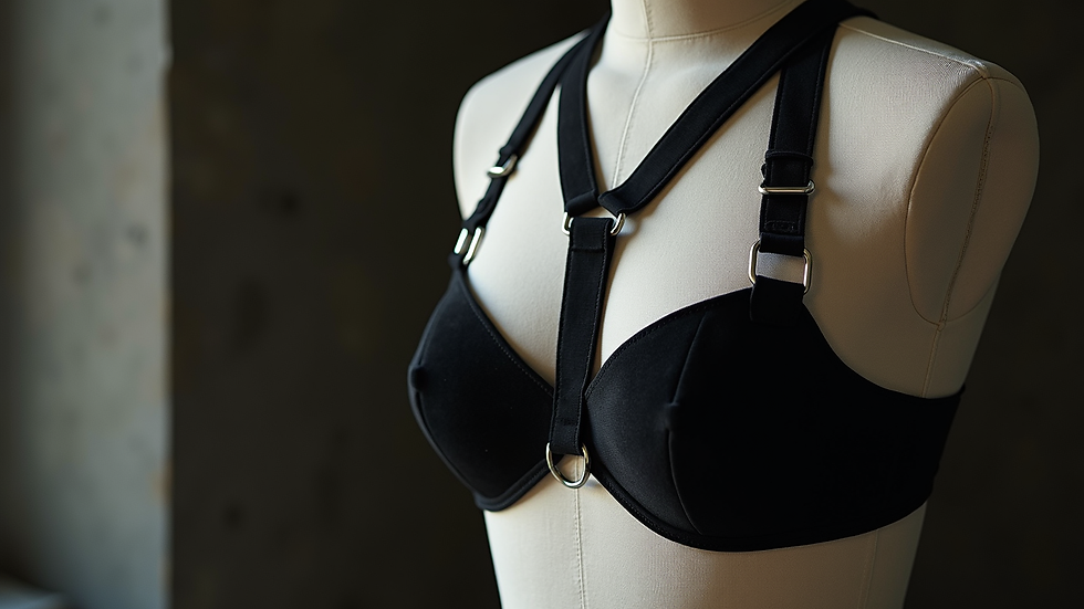 Close-up view of a black velvet harness with silver rings on a mannequin