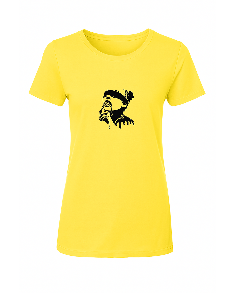 Thumbnail: Women’s Kinky Couture “Think Kinky” T-shirt featuring a minimalist blindfolded woman graphic with dripping vinyl effect. Avai
