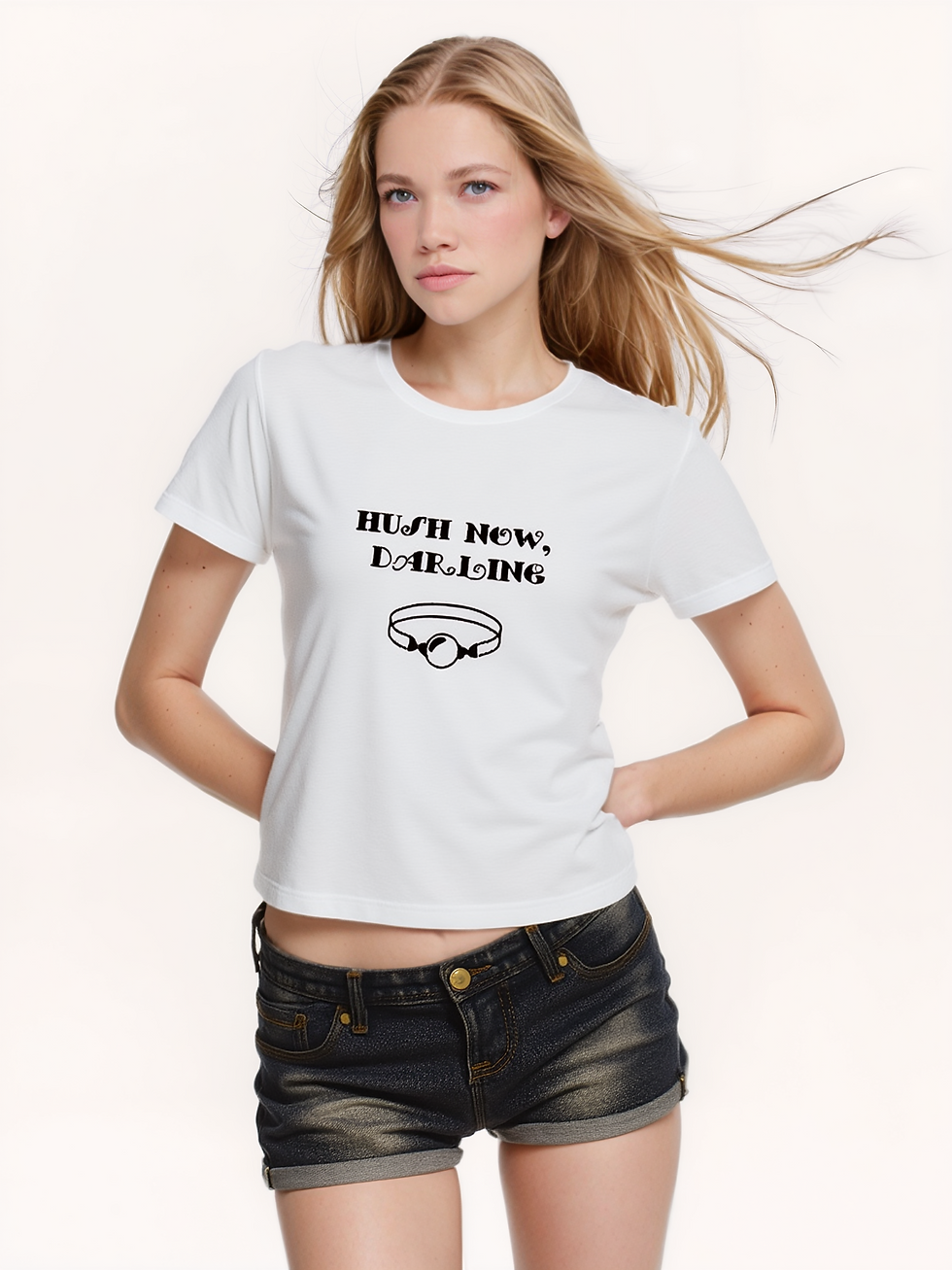 Thumbnail: Kinky Couture “Hush Now, Darling” Ball Gag T-Shirt – Women’s Playful Kink Graphi