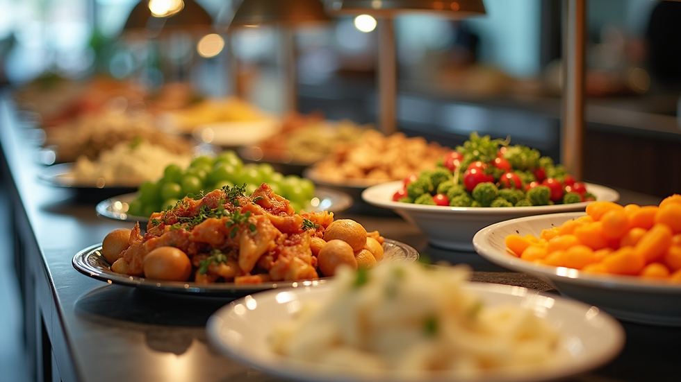 Eye-level view of a neatly arranged buffet table with assorted dishes