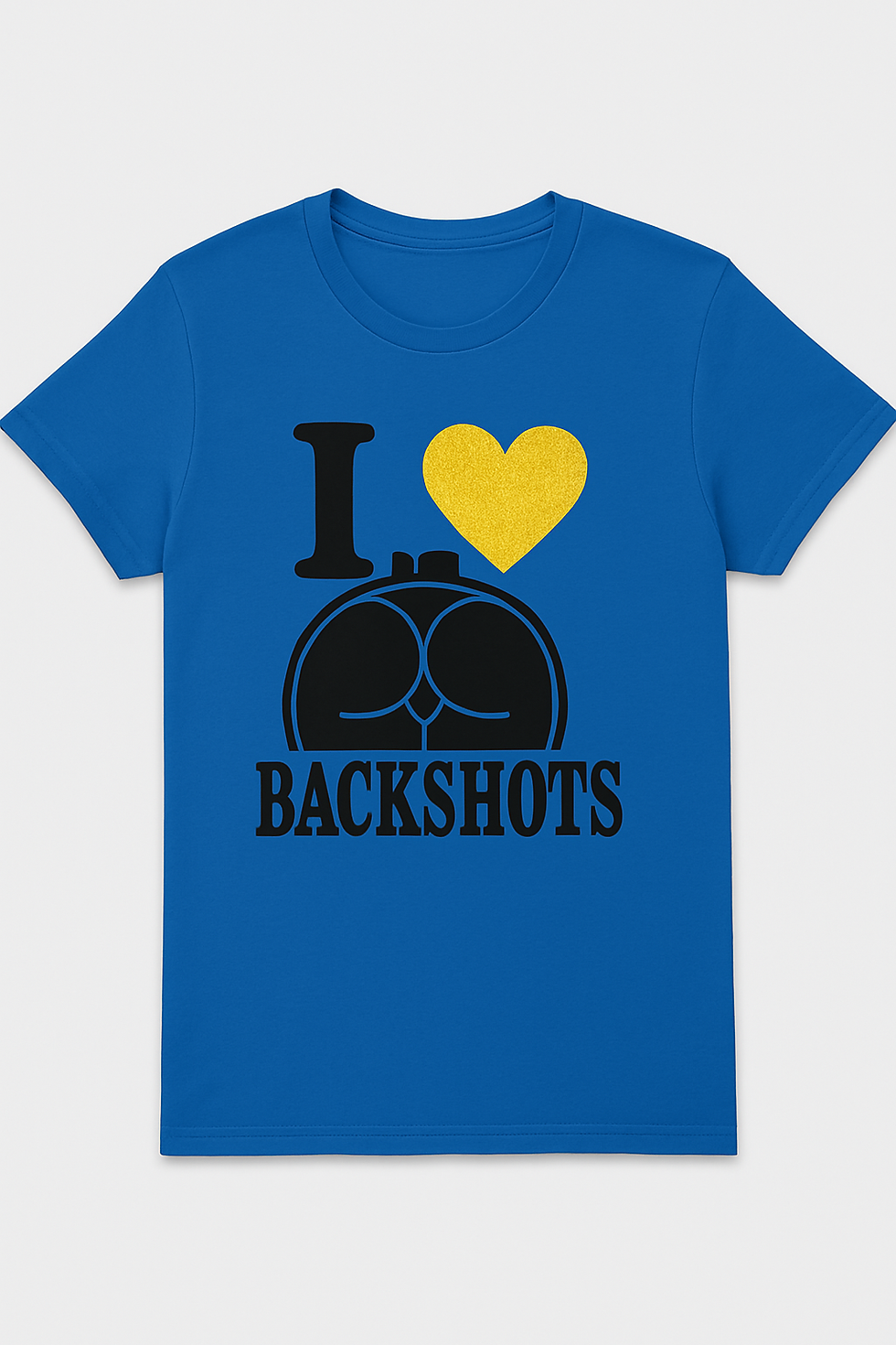 Thumbnail: Women’s Kinky Couture “I Love Backshots” T-shirt featuring bold black print with metallic gold heart and cheeky butt graphic.