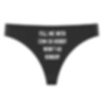 Women's black seamless thong with cheeky Kinky Couture slogan text printed on front.