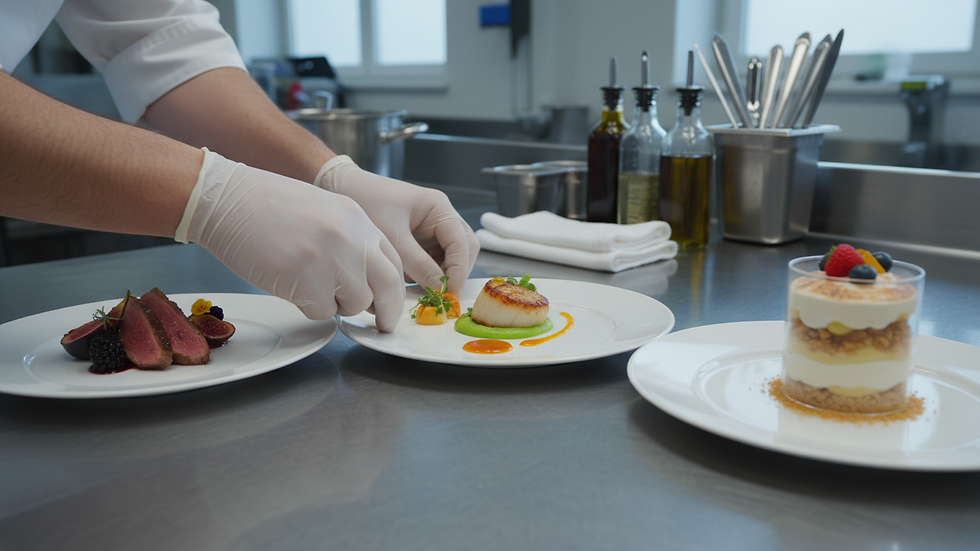 Close-up view of a chef plating gourmet dishes in a professional kitchen