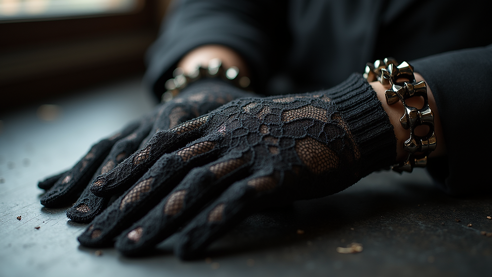 Close-up view of black lace gloves and spiked bracelet on a dark surface