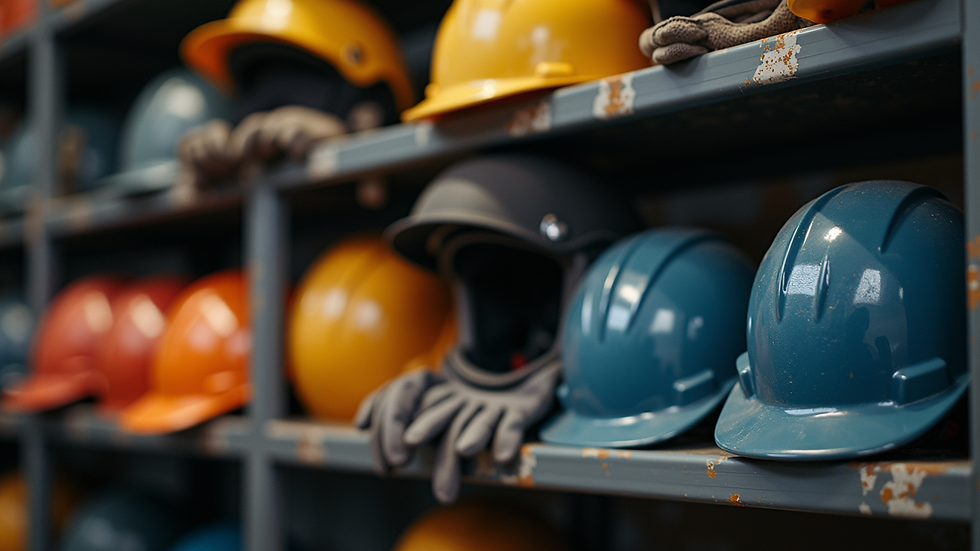 Close-up view of safety equipment including helmets and gloves on a shelf