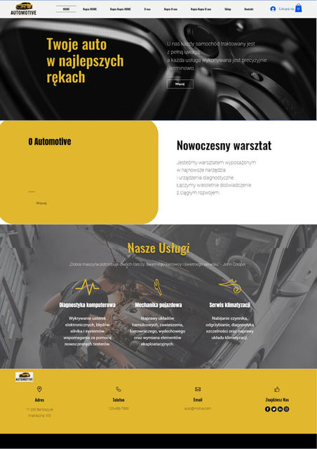 Strona internetowa z napisem Twoje auto w najlepszych rękach, nowoczesny warsztat.