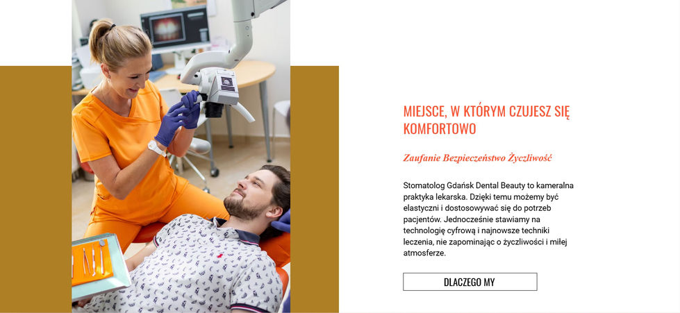 Strona Dental Beauty Klimaszewska prezentująca gabinet stomatologiczny w Gdańsku; dr Marianna Klimaszewska pracuje przy mikroskopie stomatologicznym, a pacjent leży na fotelu.