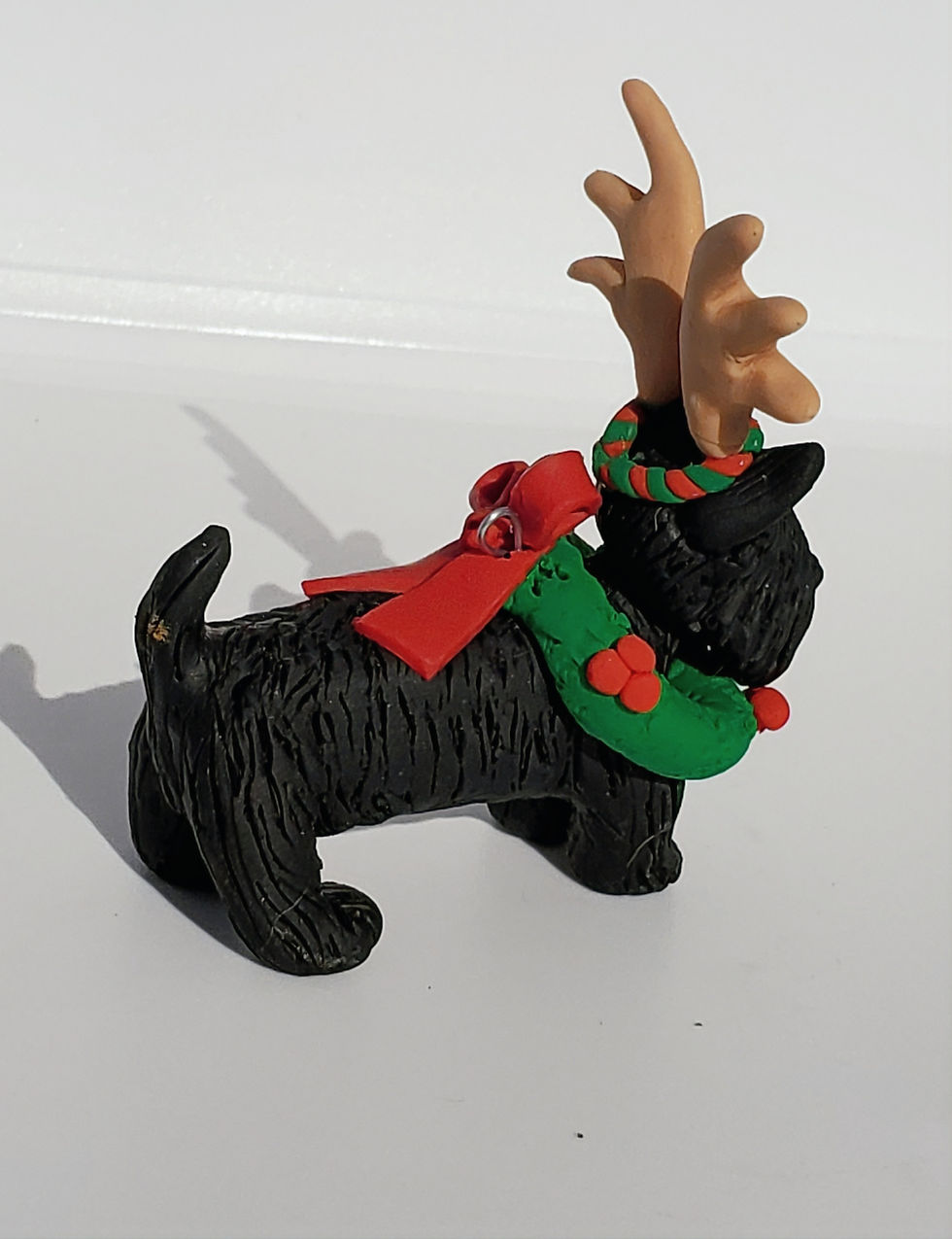 Thumbnail: SCOTTIE w/WREATH & ANTLERS BLACK SCOTTISH TERRIER Polymer Clay HAND MADE