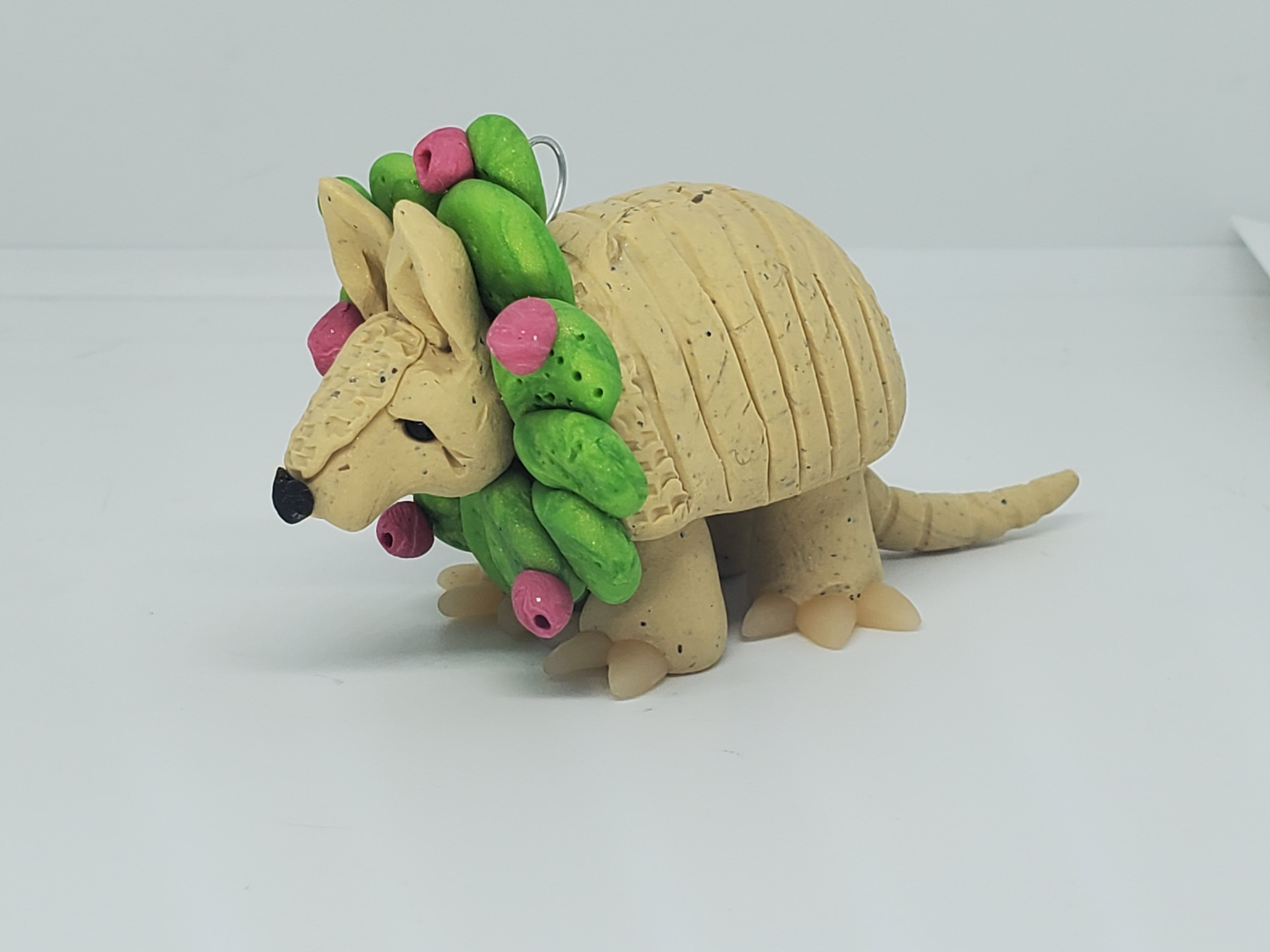 ARMADILLO Christmas Ornament Wearing Prickly Pear Wreath OOAK Hand Made Polymer